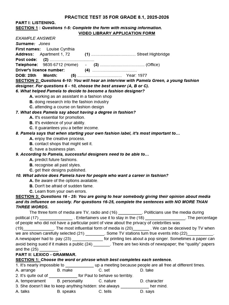 PRACTICE TEST 35 FOR GRADE 8.1, 2025-2026 | PDF | Mars | Life On Mars
