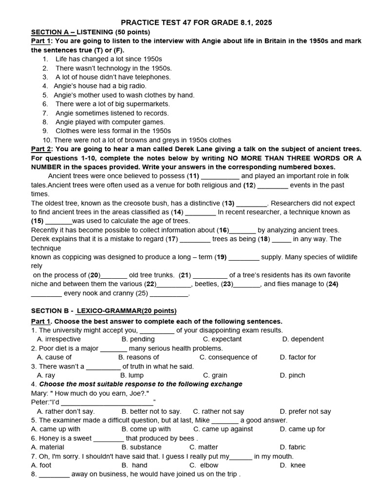 Practice Test 47 For Grade 8.1, 2025 | PDF | Hunting
