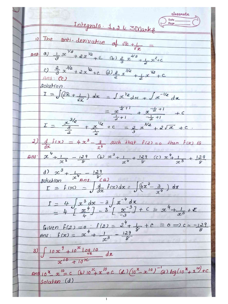 Integration 1,2,3 Marks | PDF