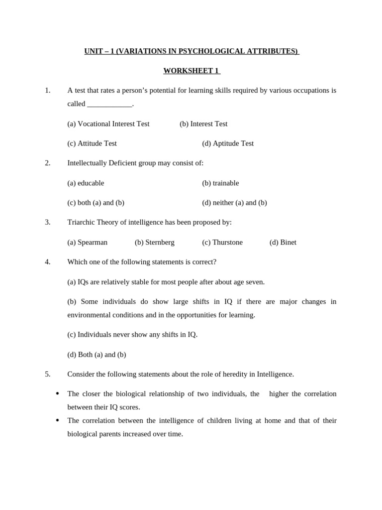 Unit 1 - Variations in Psych. Attributes - Worksheet 1 | PDF ...