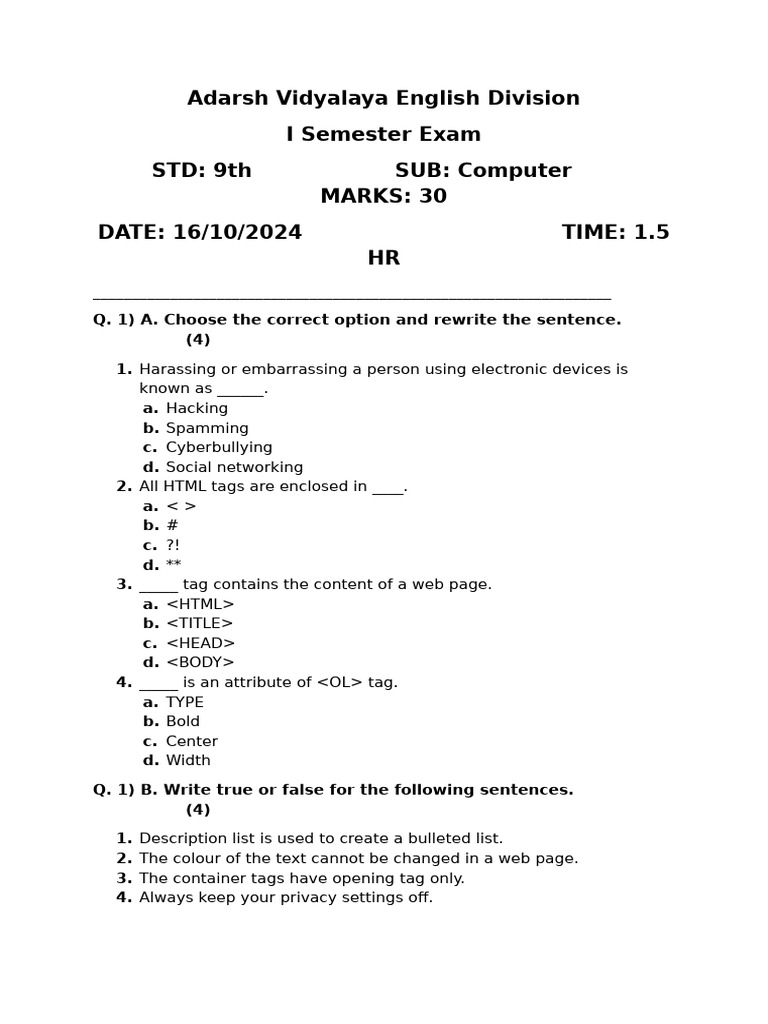 9th Computer Paper | PDF