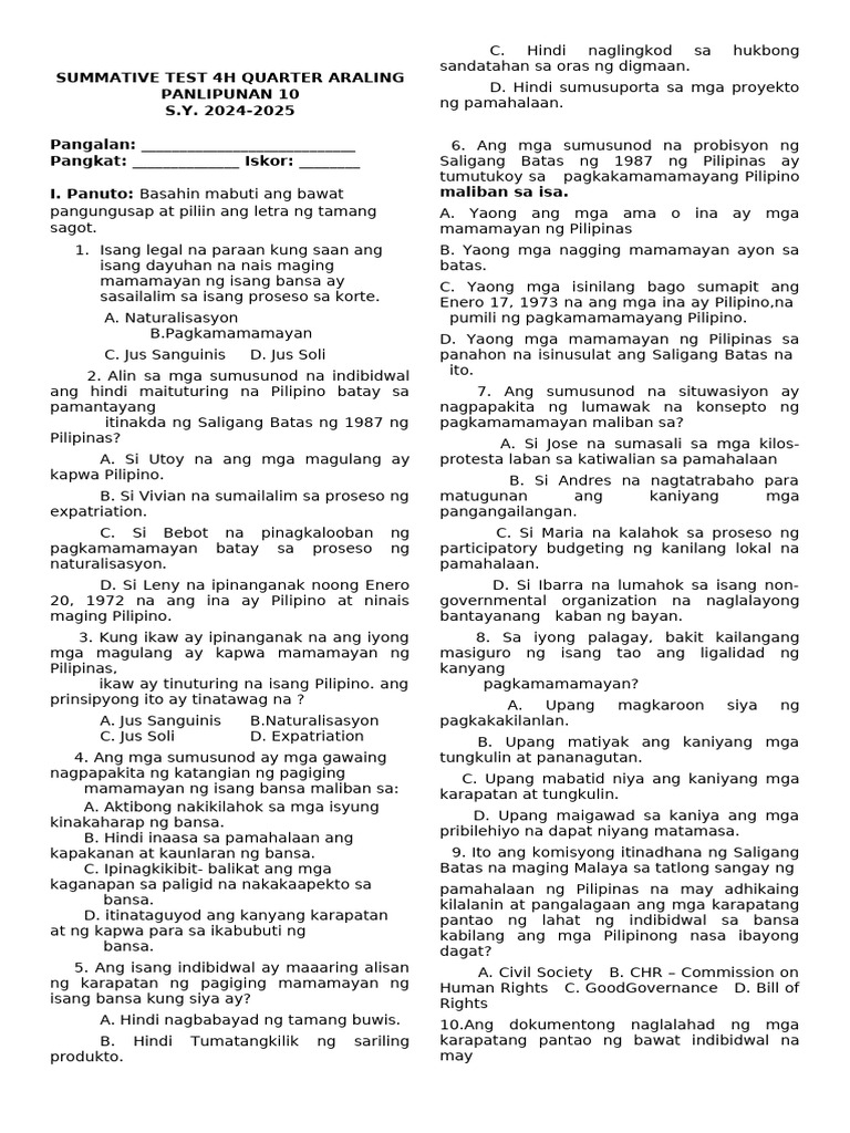 AP 10 FOURTH QUARTER - Summative Test - 24 25 | PDF