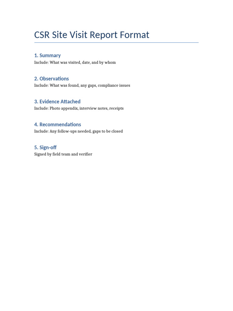 CSR Site Visit Report Format | PDF