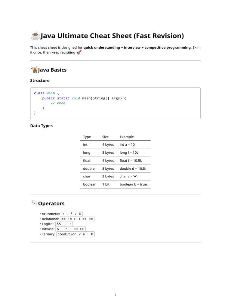 Java Ultimate Cheat Sheet | PDF | Computer Data | Software Development