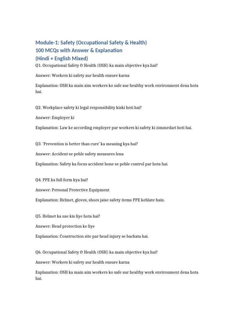 Module-1 Safety 100 MCQs | PDF | Personal Protective Equipment ...