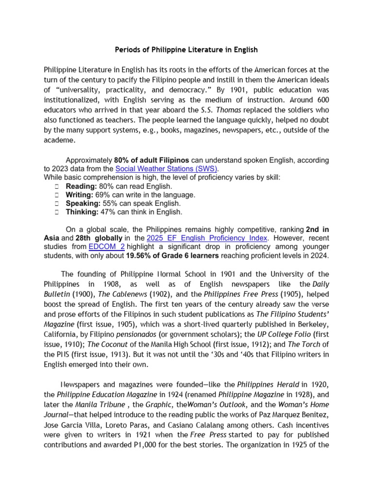 Periods of Philippine Literature in English | PDF | Philippines ...