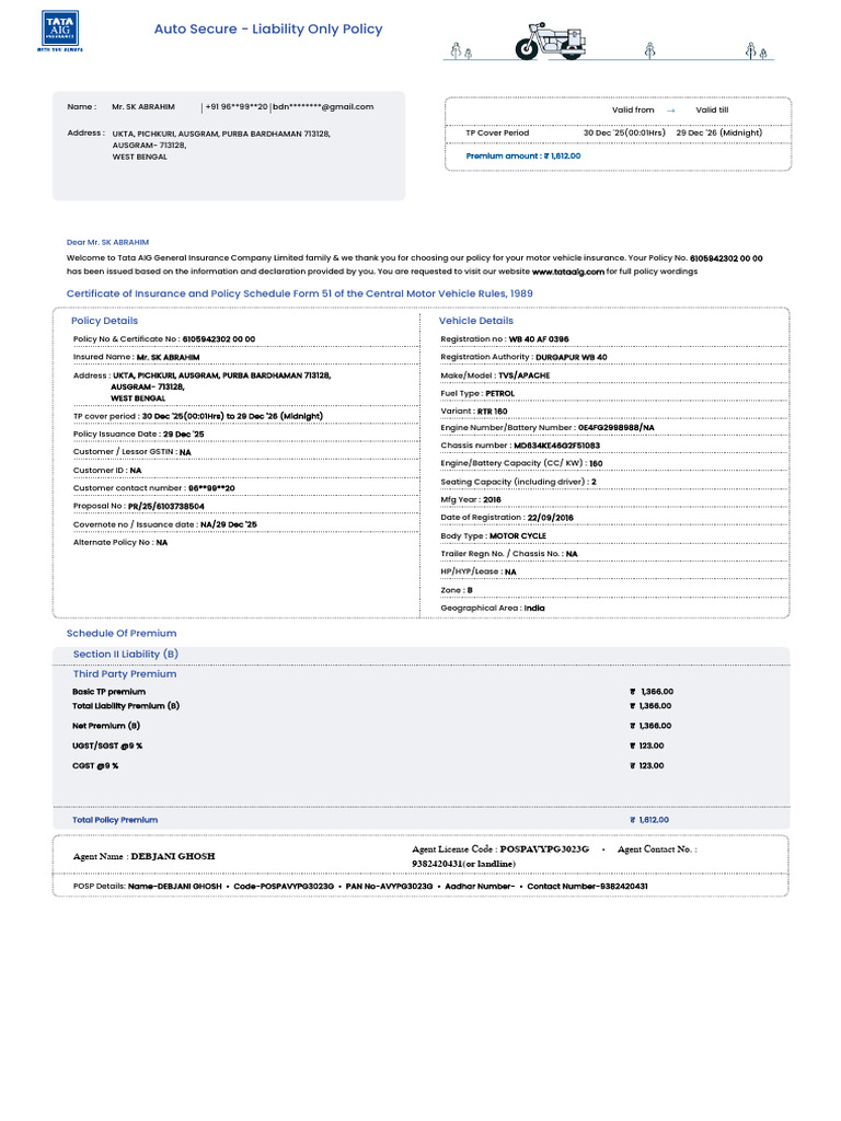 Tata AIG Motor Policy Schedule - 3187 - 6105942302-00 | PDF | Insurance ...