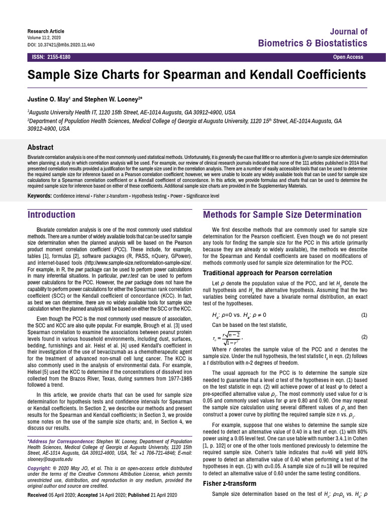 Sample Size Charts for Spearman and Kendall Coefficients | PDF ...