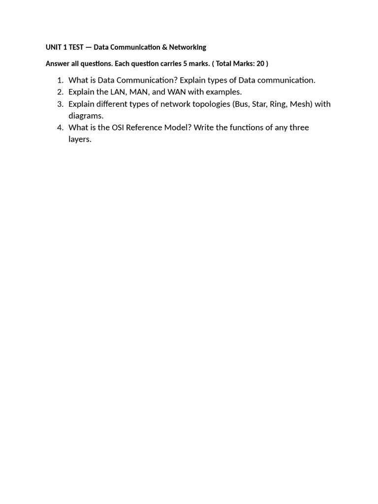 Unit 1 Test Data Communication & Networking | PDF