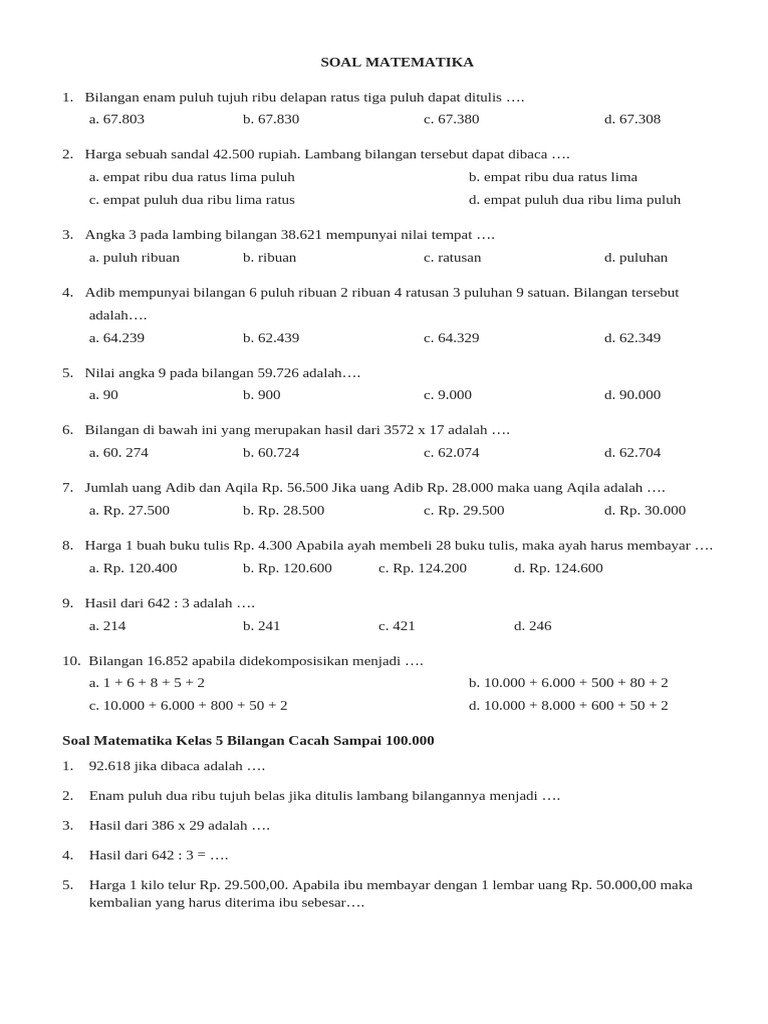 Soal Matematika Kelas 5 Bab 1 | PDF
