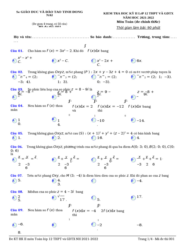 De Kiem Tra Hoc Ky 2 Toan 12 Nam 2021 2022 So Gddt Dong Nai | PDF