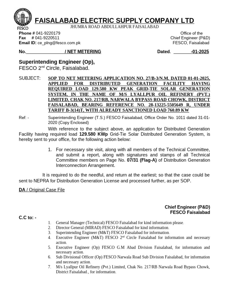 Letter To Se 2nd For Feasibility Check of Lyallpur Oil Refinery Net ...