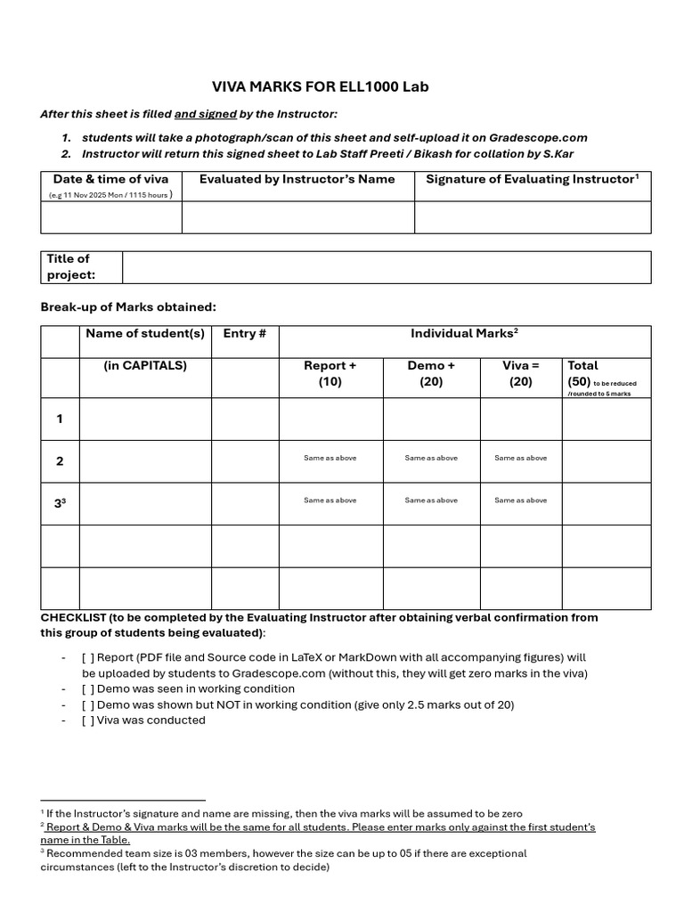 Template for Lab Viva Marks for Ell1000 Lab | PDF