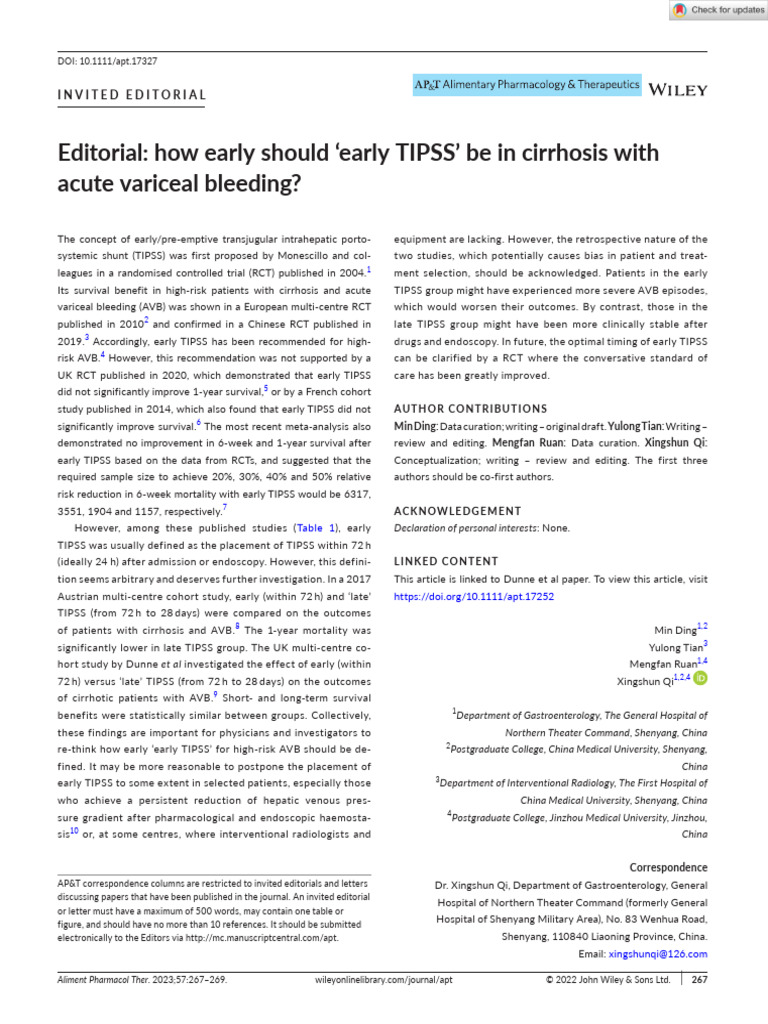 How Early Should Early TIPSS Be in Cirrhosis With Acute Variceal 2022 ...