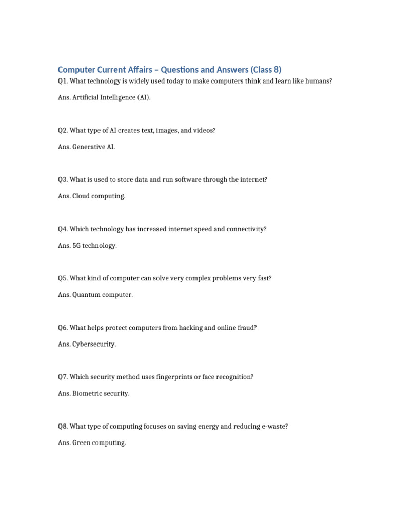 Computer Current Affairs Class 8 | PDF