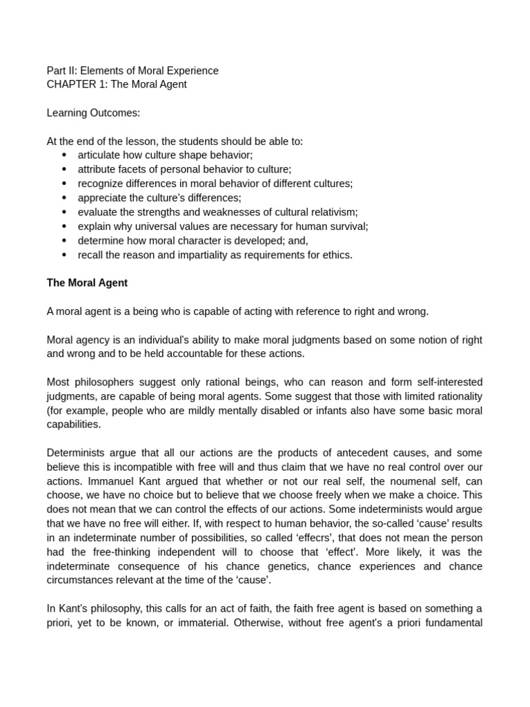 Part II Elements of Moral Experience Chapter 1 the Moral Agent | PDF ...