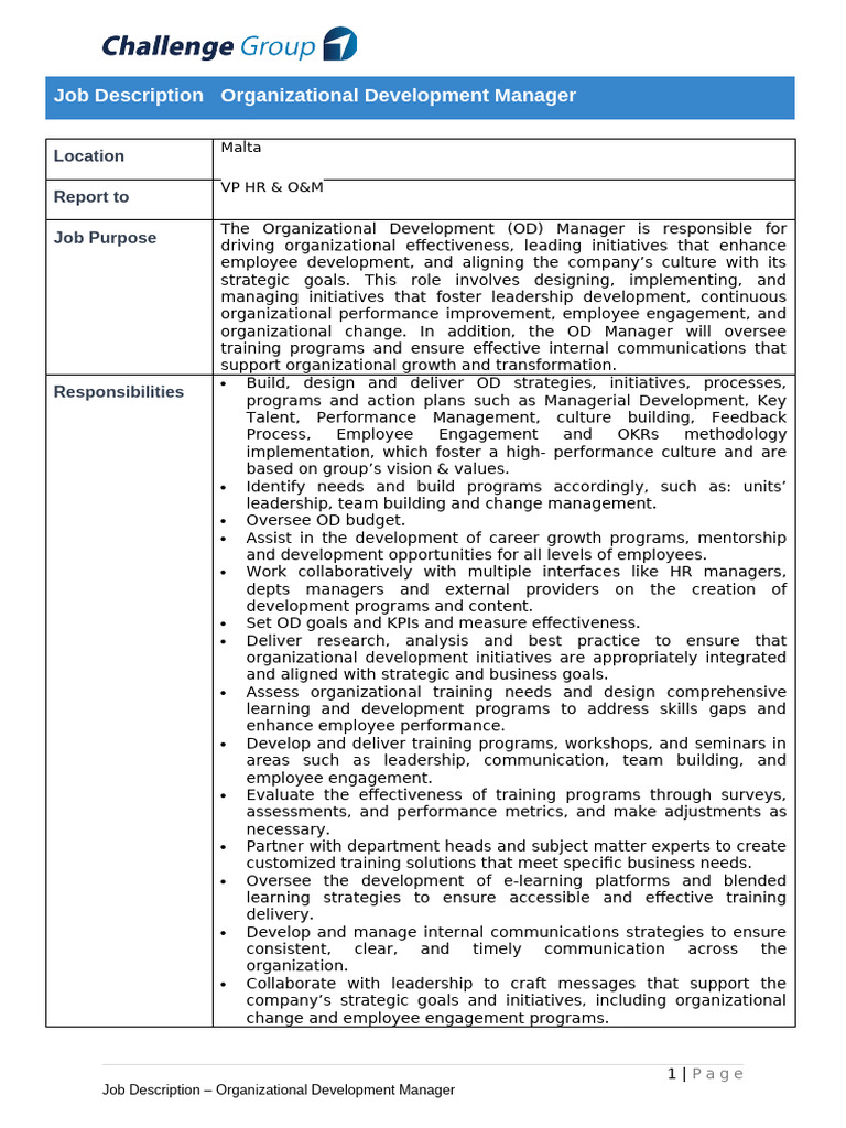 Job Description - Organizational Development Manager | PDF ...