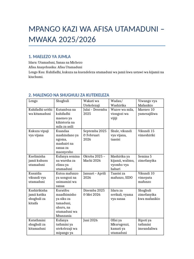Mpango Kazi Afisa Utamaduni 2025 2026 | PDF