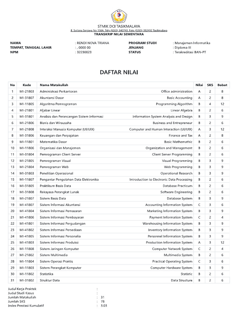 Transkip Nilai Rendi (32230023) | PDF