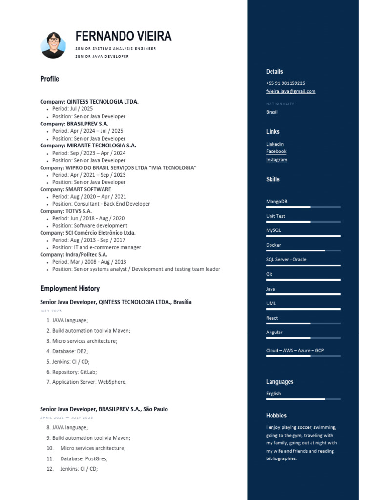 Fernando Vieira - Senior Java Developer-2025 | PDF | Databases ...