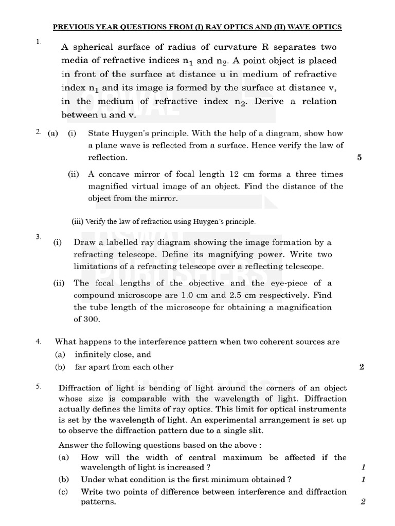 Previous Year Questions From Optics Full | PDF