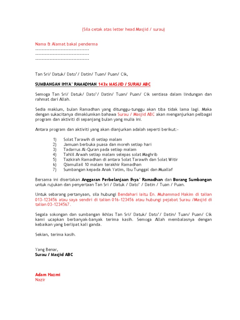 Contoh Surat Penghargaan Sumbangan Berbuka Puasa