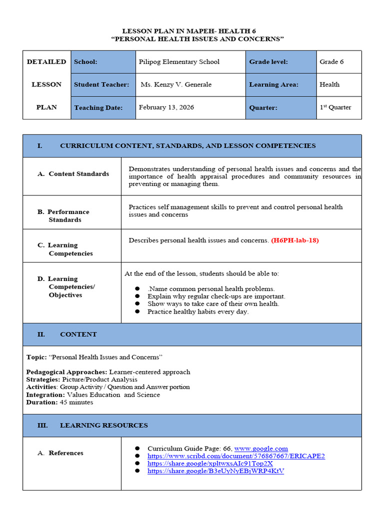 Lesson Plan Personal Issues and Concerns | PDF | Lesson Plan | Nail ...