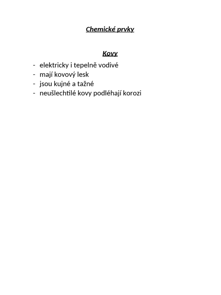 Kovy, Nekovy, Polokovy (Chemické Prvky) | PDF
