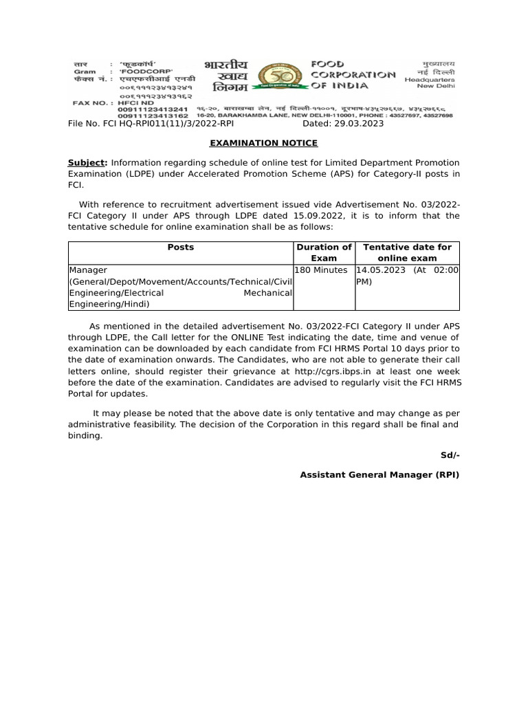 Examination Notice APS Category-II | PDF