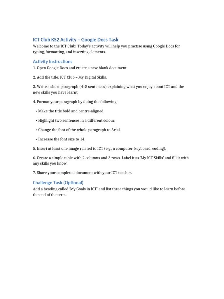 ICT Club KS2 Google Docs Activity | PDF