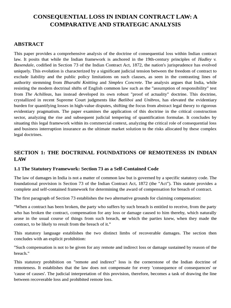 Consequential Loss in Indian Contract Law | PDF | Damages | Common Law
