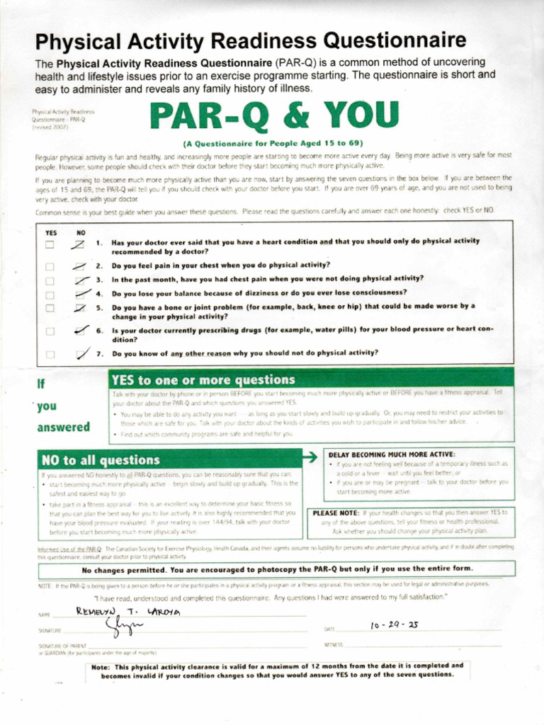 Physical Activity Readiness Questionnaire | PDF