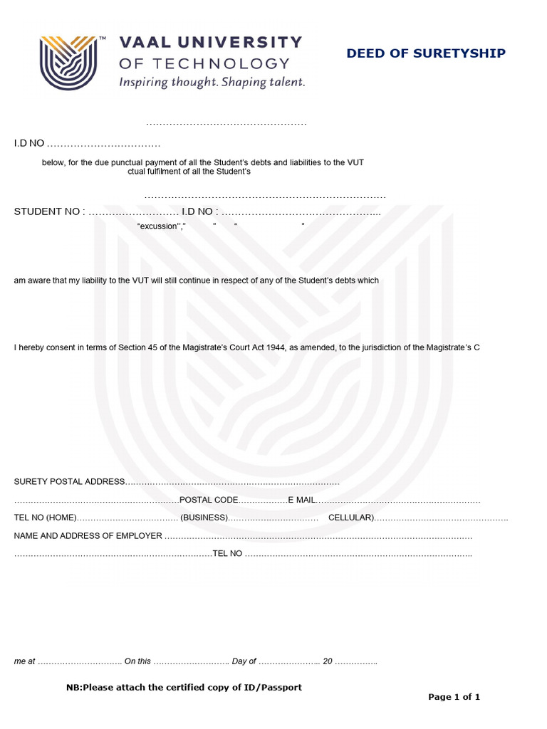 Deed of Suretyship Form | PDF | Surety | Common Law