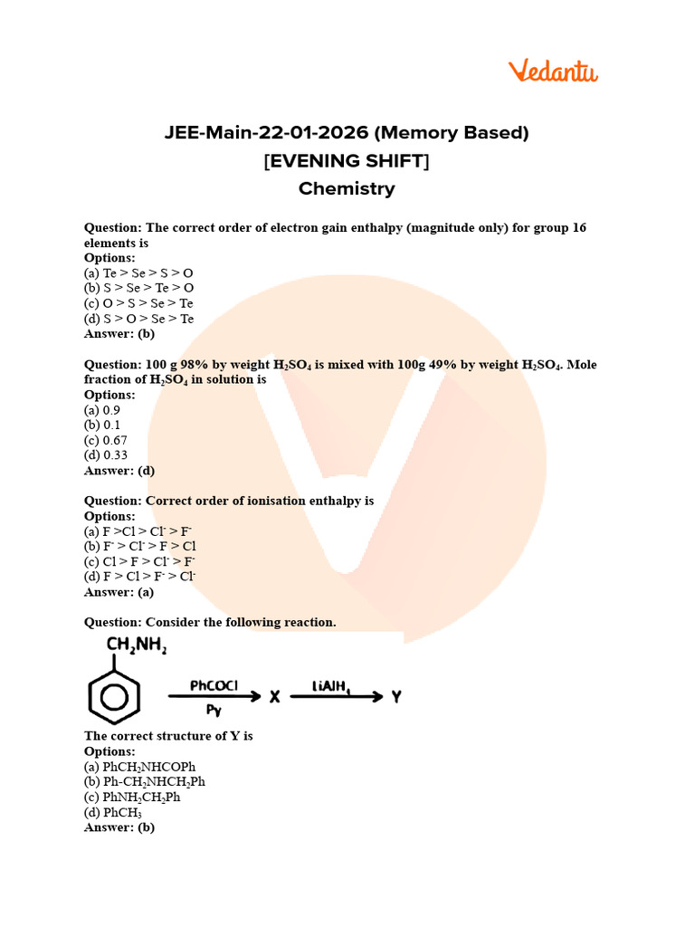 JEE Mains 22 Jan Shift 2 2026 Chemistry Question Paper With Solutions ...