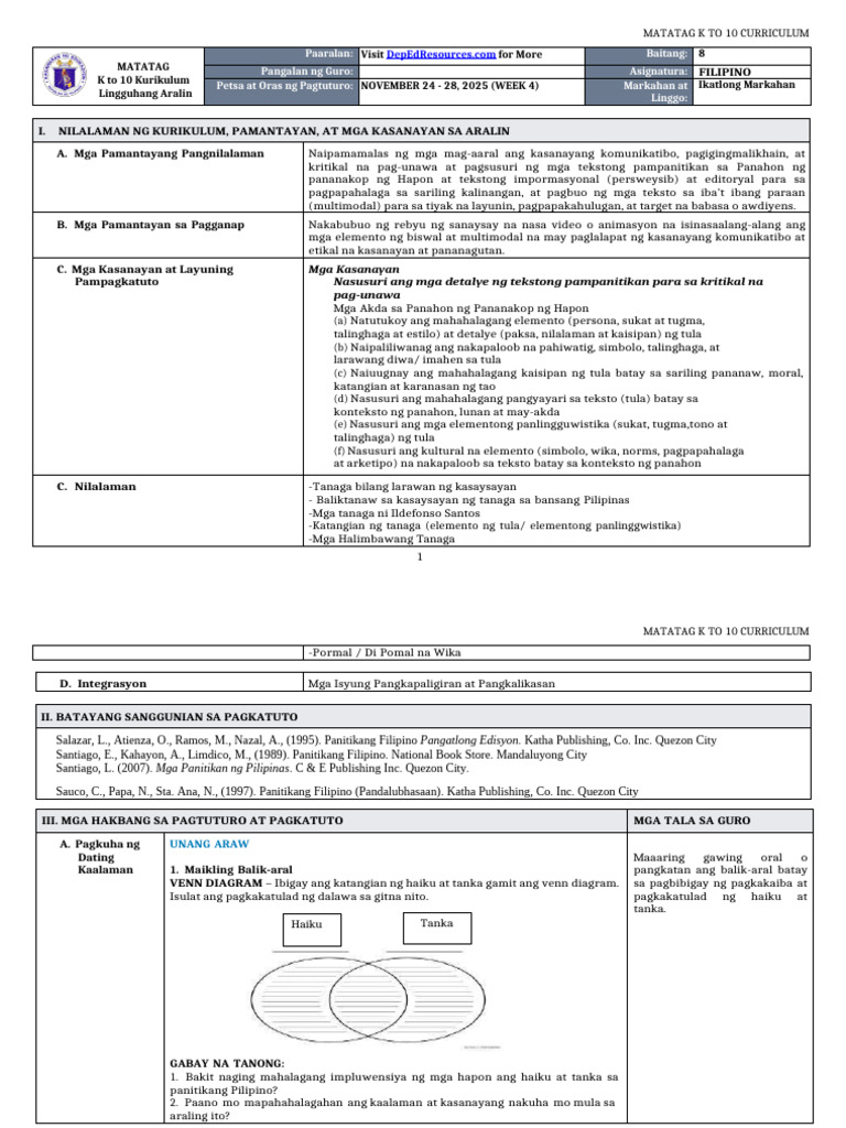 DLL Matatag - Filipino 8 q3 w4 | PDF