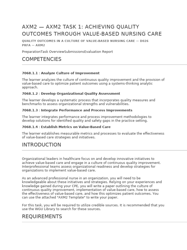 AXM2 Task 1 ACHIEVING QUALITY OUTCOMES THROUGH VALUE-BASED NURSING CARE ...