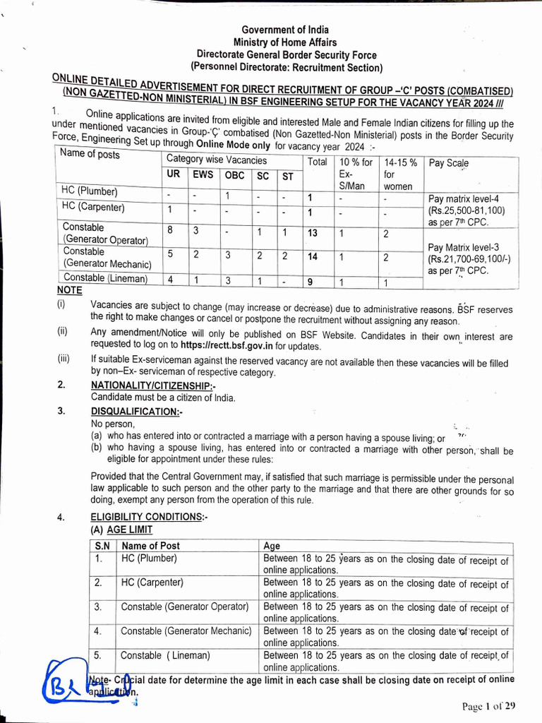 Group- c Posts (Combatised) (Non Gazetted-non Ministerial) in Bsf ...