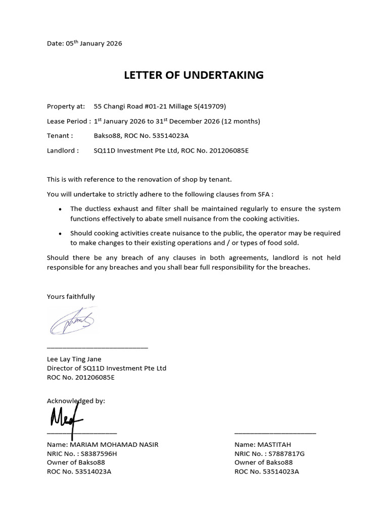Letter of Undertaking For 55 Changi RD 01-21 Millage | PDF