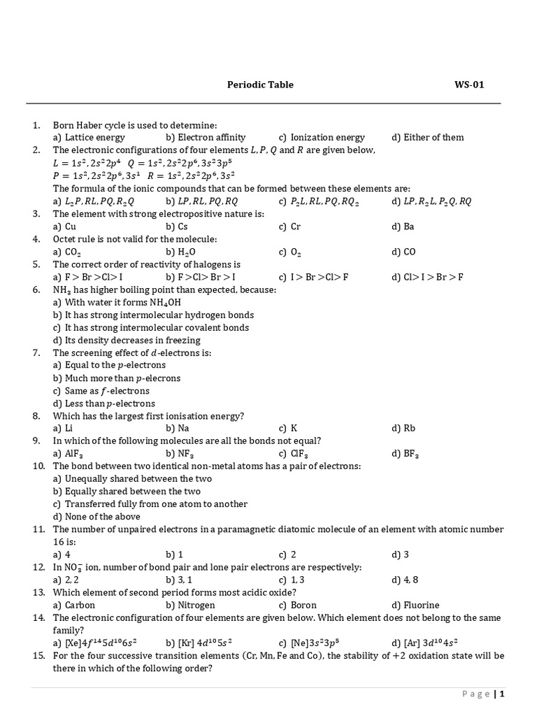 Periodic Table WS-01 | PDF | Ionic Bonding | Chemical Bond
