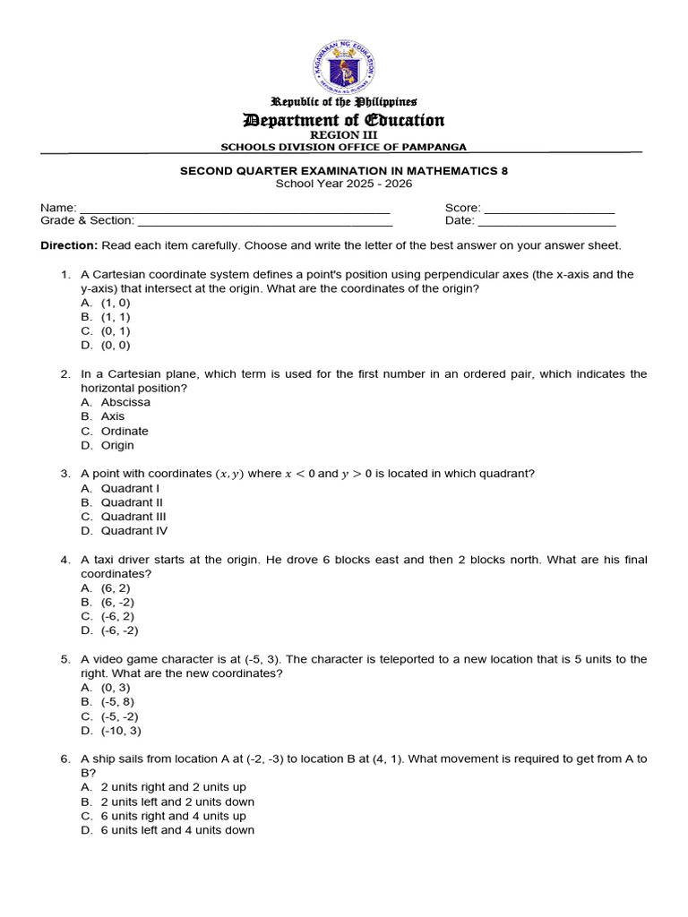 Second Quarter Exam in Mathematics 8 | PDF | Cartesian Coordinate ...