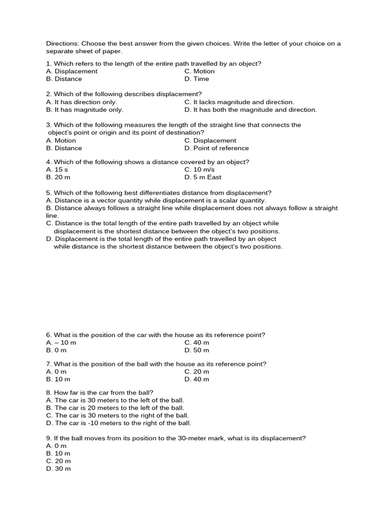 Grade 7 Science Distance and Displacement Quizz | PDF | Distance ...