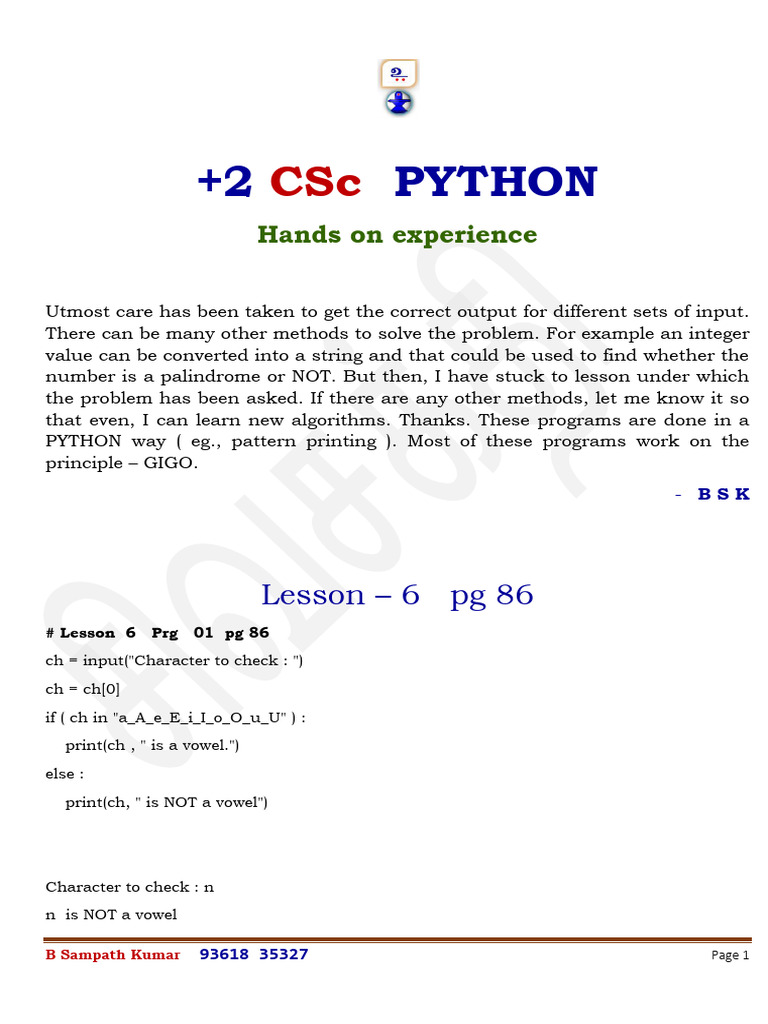 +2 CSC PYTHON Book Back Hands On Experience - 2026 - BSK | PDF ...