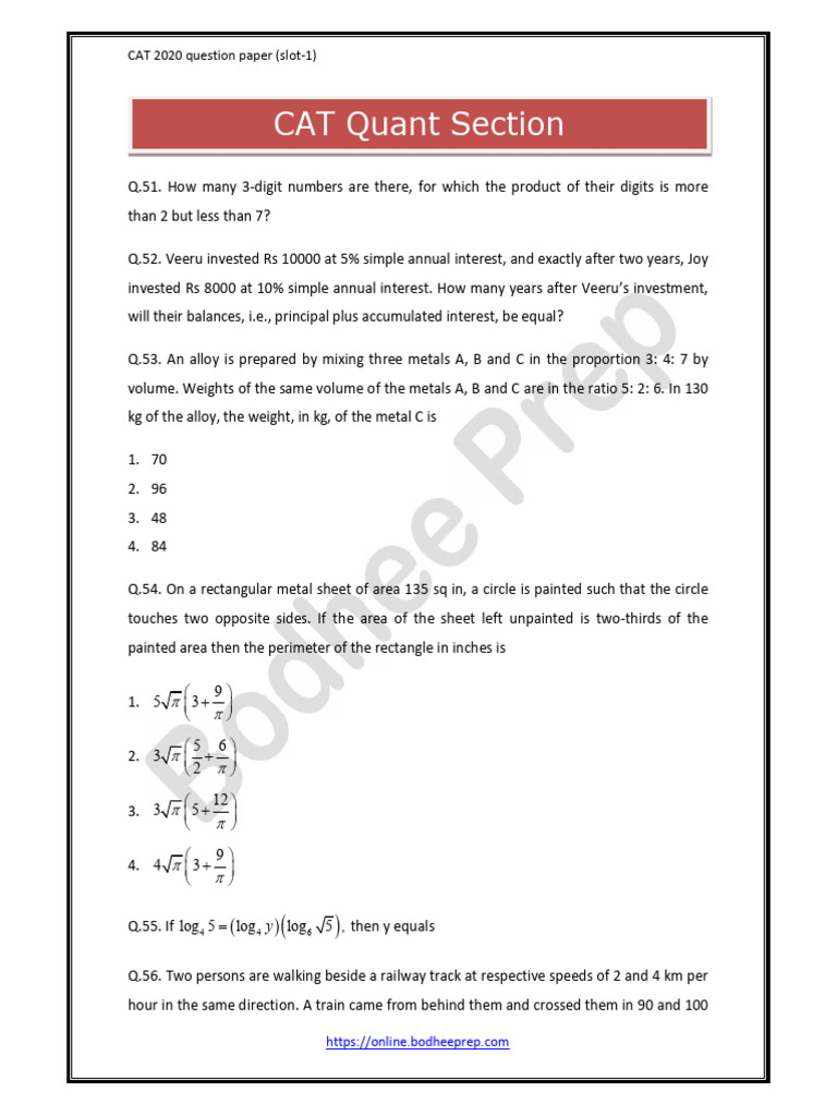 CAT Quant Section: CAT 2020 Question Paper (Slot-1) | PDF | Area ...