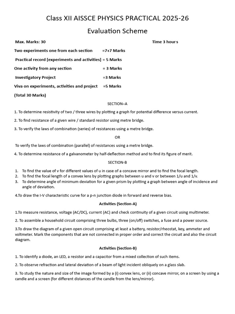 Aissce Physics Practical 2025-26 | PDF | Electrical Resistance And ...