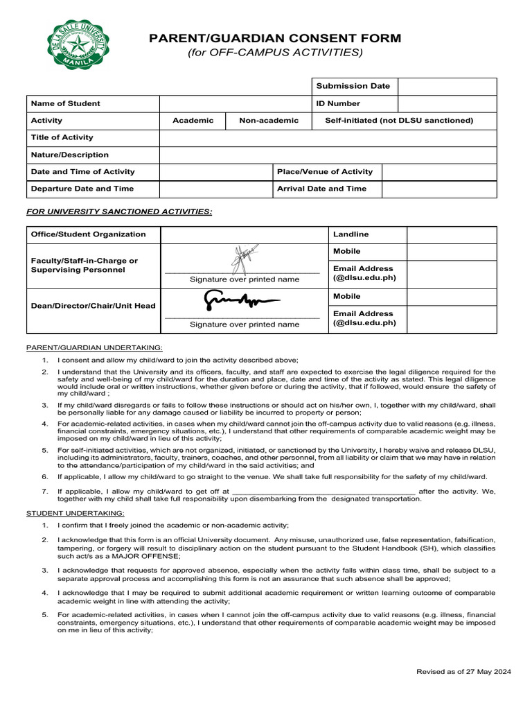 Section EC Manila Campus Parent Guardian Consent Form for Off Campus ...