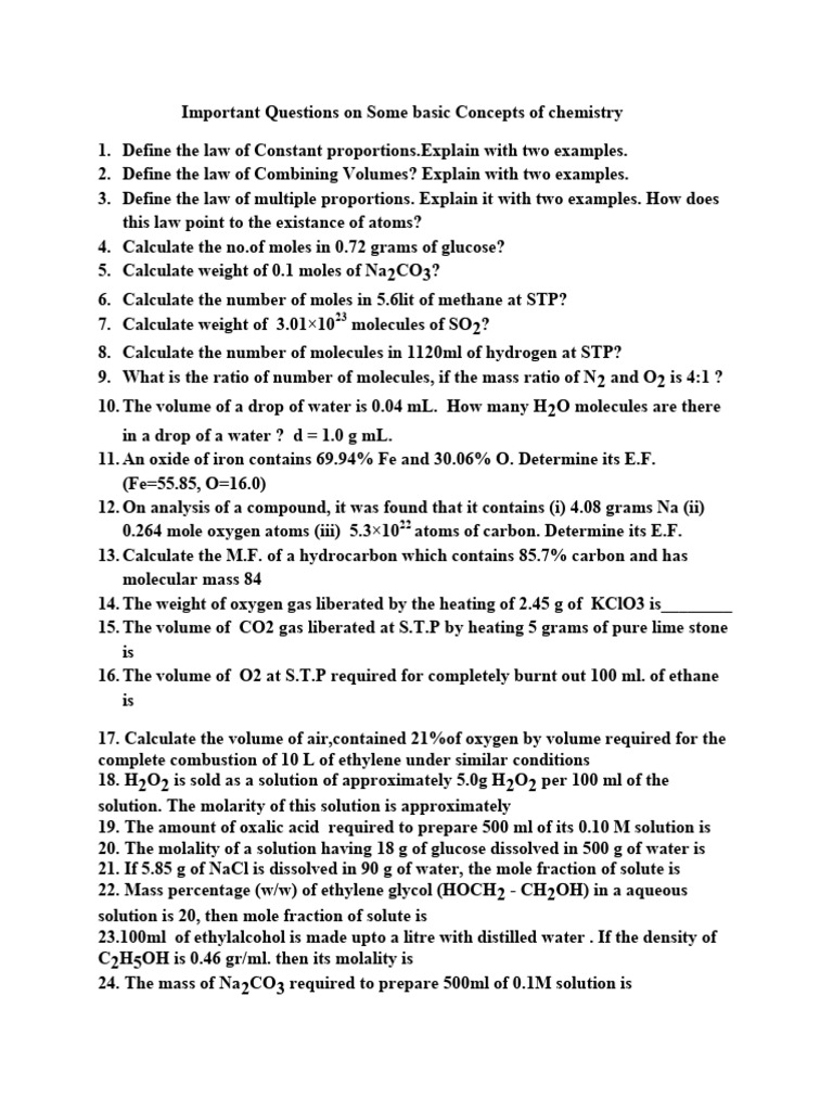 Important Questions on Some Basic Concept of Chemistry | PDF | Redox ...