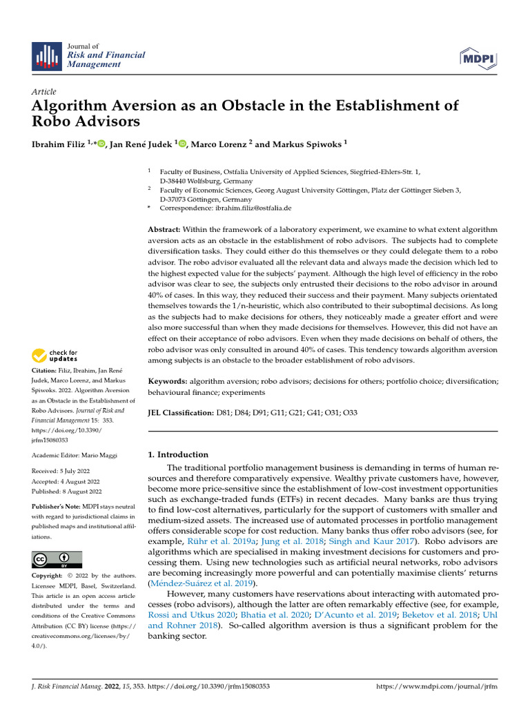 Dietvorst, Simmons & Massey (2015) – Algorithm AversionJung, Dorner ...