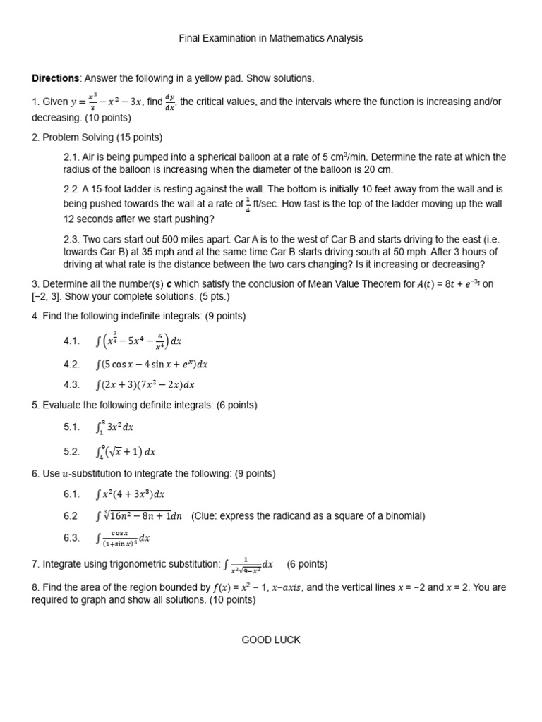 Final Examination in Mathematics Analysis | PDF | Integral ...