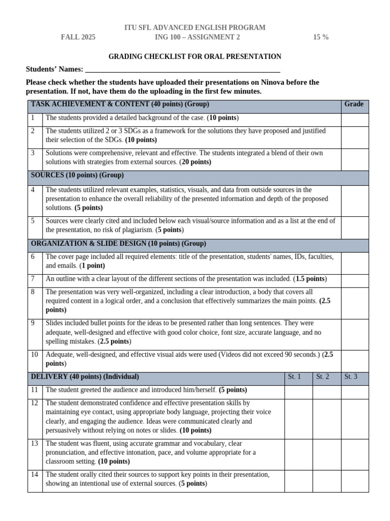 ING 100 Assignment 2 Presentation Grading Checklist | PDF | Cognition ...