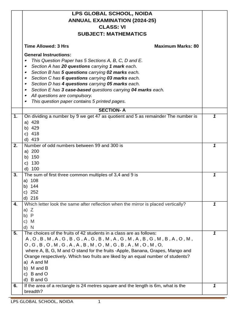 CL-6 Math Ae QP (2024-25) | PDF | Area | Mathematics
